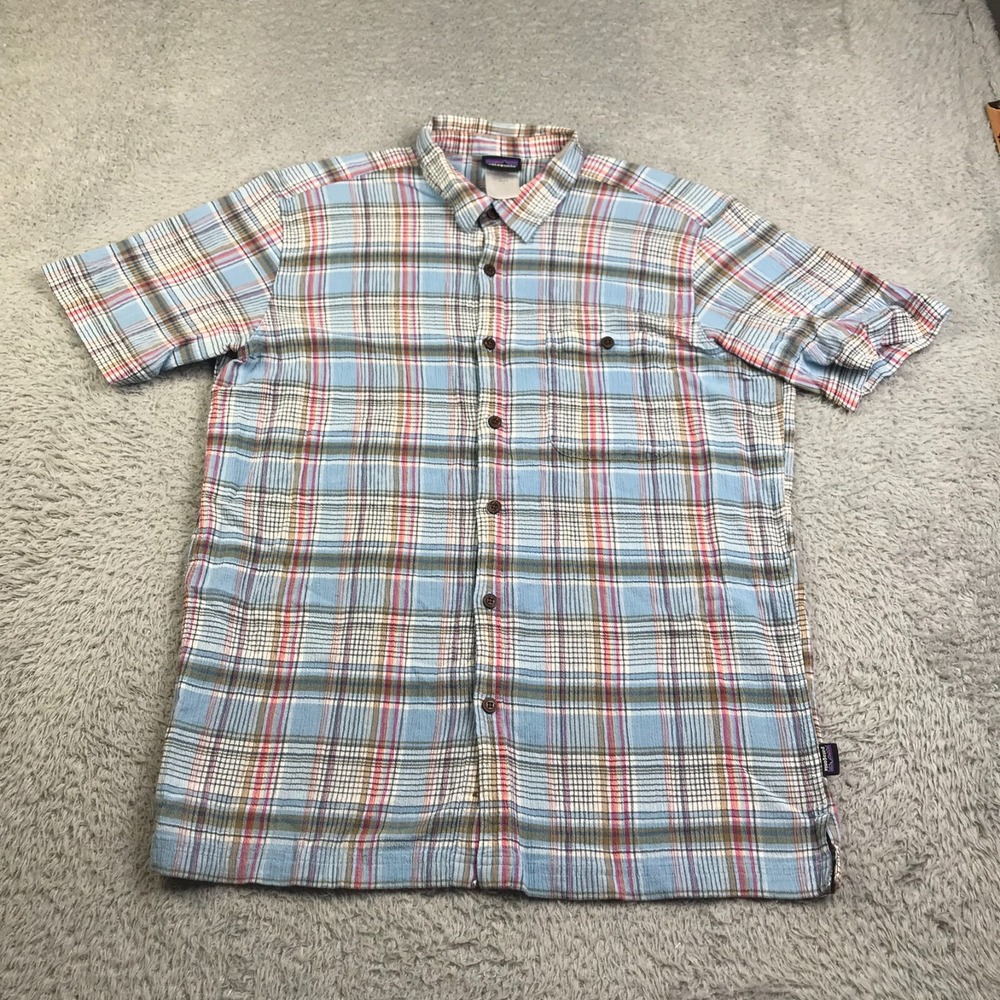 Patagonia Puckware Shirt Mens L Blue Plaid Organic Cotton Seersucker Button Up